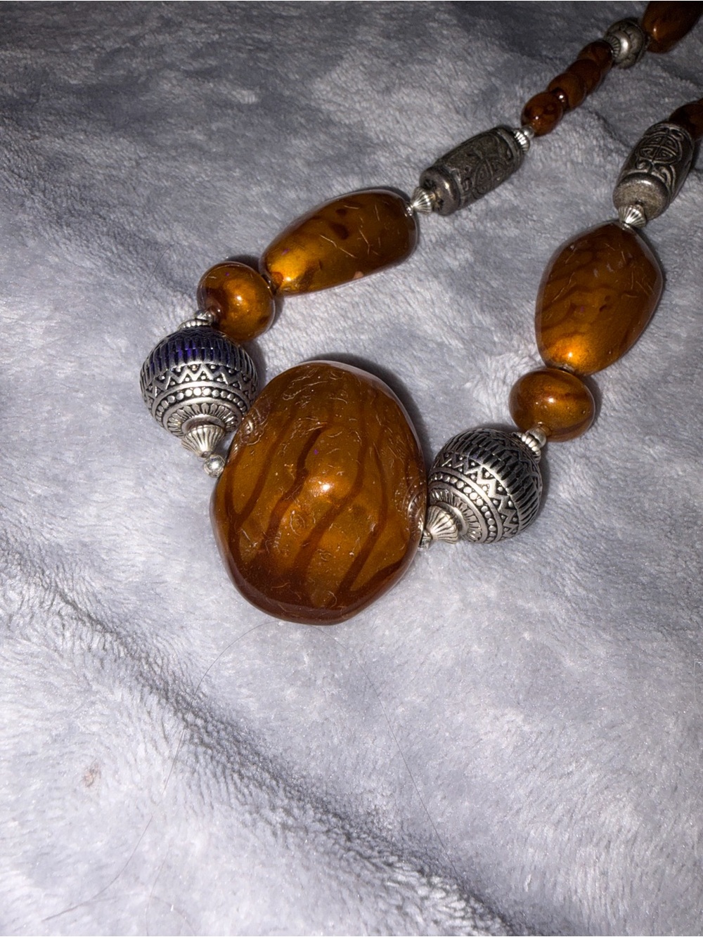 Amber Tone Beaded Statement Necklace Silver Tone Ornate Boho Artisan 19" 97g